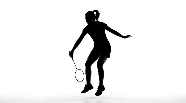 Female badminton player in silhouette mid-jump hitting shuttlecock with racquet during practice