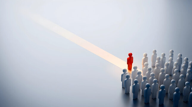 Red figure leading white crowd on light path, representing a visionary leadership concept and business direction in a 3D environment.
