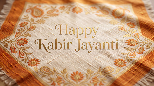 Celebratory textile with embroidered floral patterns and festive greeting for Kabir Jayanti on traditional fabric background