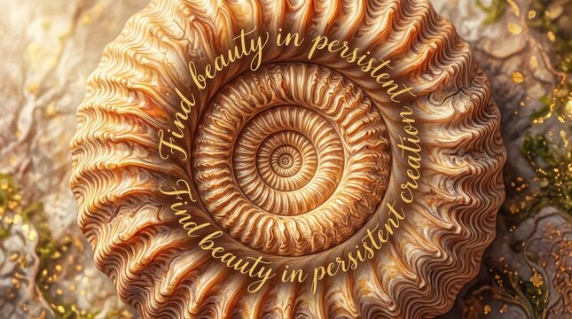 Close-up of a fossilized ammonite shell with swirling text saying 'Find beauty in persistent creation' and golden bokeh highlights.