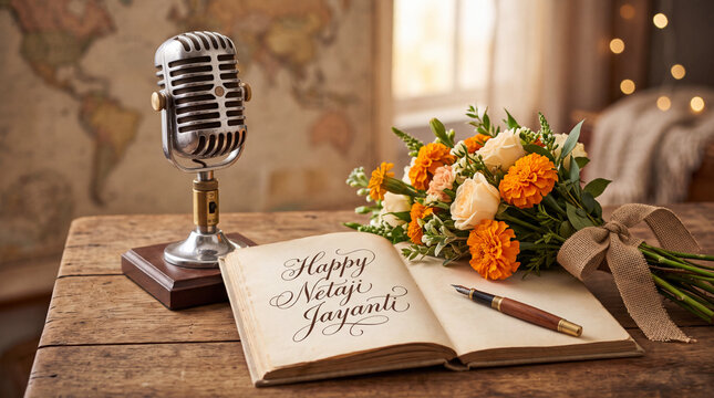 Celebratory table setup with vintage microphone, vibrant flowers, and a heartfelt greeting for Netaji Jayanti