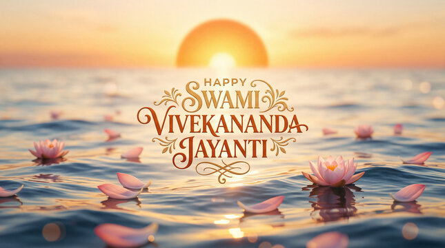 Serene sunrise over calm waters adorned with blooming pink lotus flowers to celebrate Swami Vivekananda Jayanti with spiritual