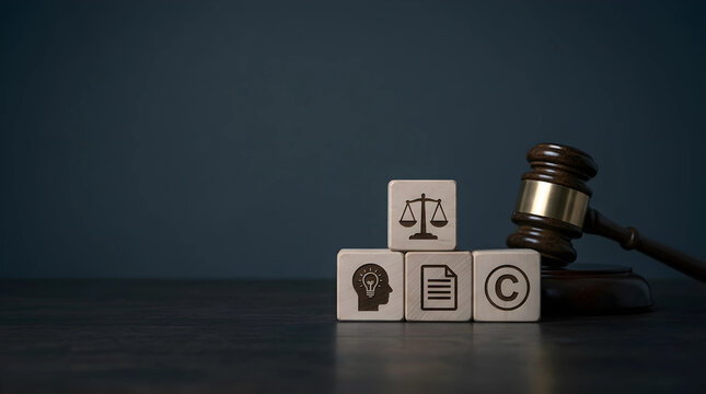 Legal concept of intellectual property rights depicted by wooden blocks with copyright icons and a judge gavel on a dark wooden table.