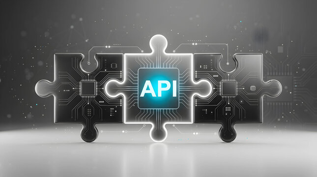Application programming interface digital connection with circuit puzzle pieces for API integration