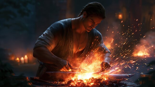 Man forging metal with sparks flying in a dimly lit workshop with warm ambient light and a focus on craftsmanship