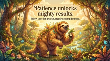 Naklejka premium Charming illustration of a contented sloth in a vibrant jungle, symbolizing patience, growth, and achievement with inspirational text.