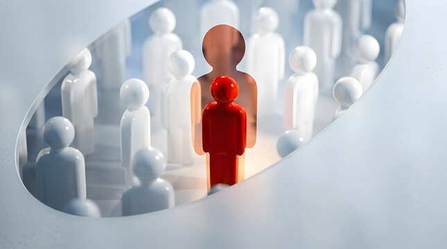 A vibrant red figure stands out among white figurines with a grand shadow representing a bold leadership concept and professional
