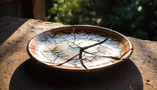 Cracked Ceramic Plate with Kintsugi Repair.