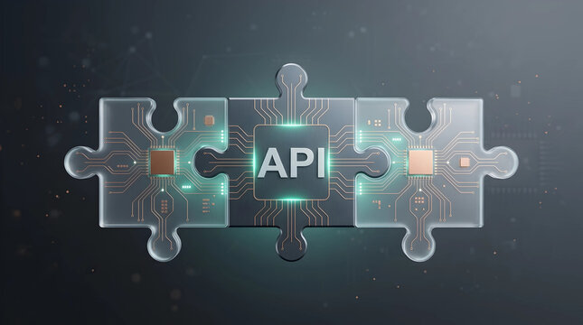 Futuristic API integration concept featuring glowing puzzle pieces with microchips and digital circuits, symbolizing software connectivity and technical data exchange.