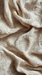 Fototapeta premium Top view of crumpled raw unbleached linen fabric texture background