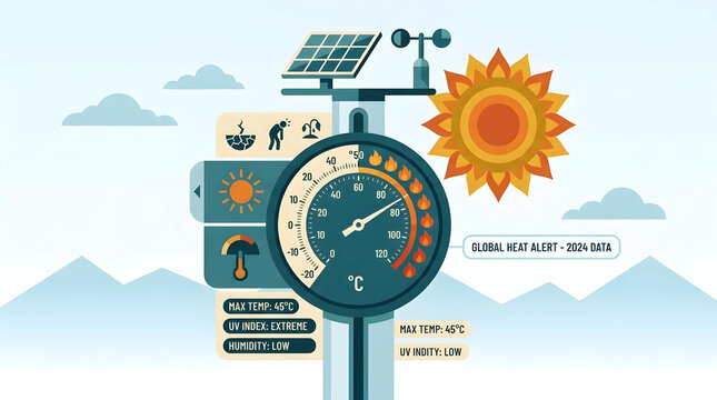 Global heatwave alert illustration featuring a weather station with extreme temperature, UV index, and climate change metrics on a sunny background.