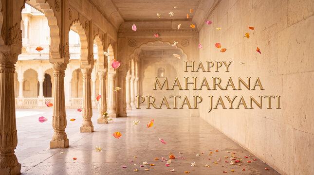 Elegant architecture with a festive greeting for Maharana Pratap Jayanti celebration in a heritage setting