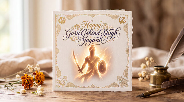 Elegant greeting card celebrating Guru Gobind Singh Jayanti featuring a luminous deity figure with sword shield and floral