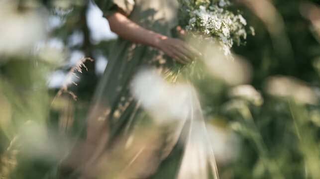 Woman wearing flower dress holding white wildflowers