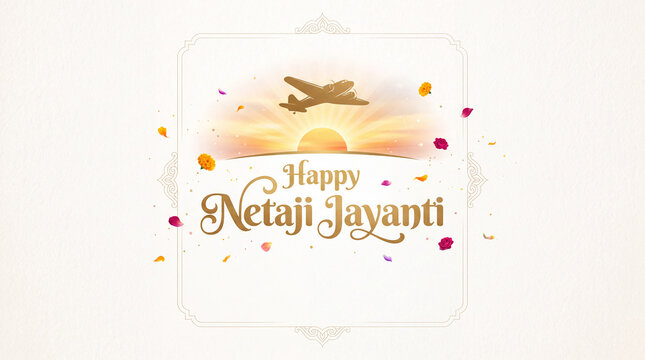 Celebrating Netaji Jayanti with an inspiring airplane silhouette against a warm sunrise background