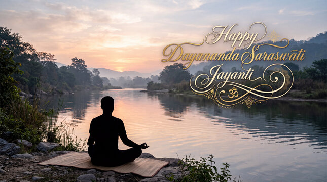 Serene sunset over tranquil river with silhouette meditating figure celebrating Dussehra Saraswati Jayanti and spiritual harmony
