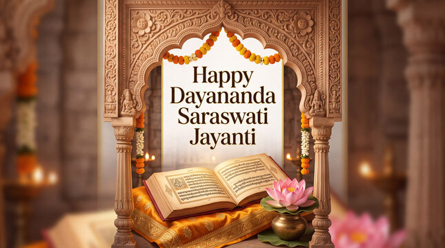 Intricate Indian Archway Decorated for Dayananda Saraswati Jayanti Celebrations with Sacred Book and Lotus Flower
