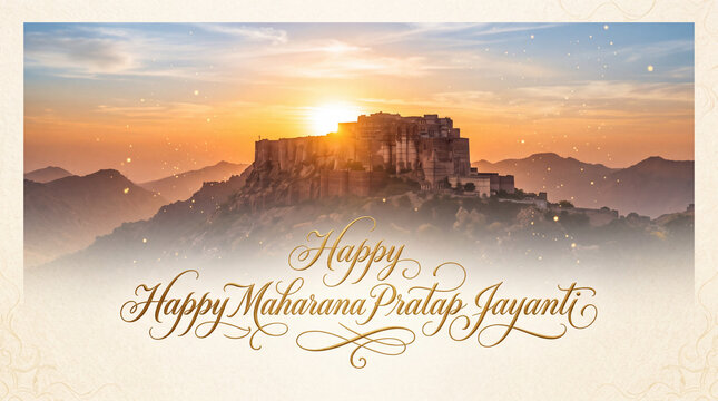 Majestic sunrise over ancient fort at sunrise with warm glow celebrating Maharana Pratap Jayanti festival