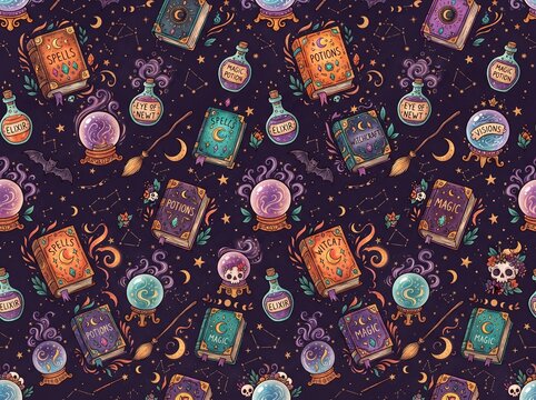 Seamless pattern with mystical witchcraft books and crystal balls on a dark purple celestial background