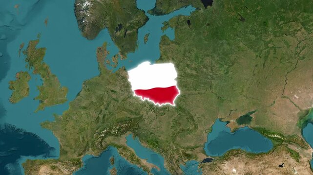 Poland Country Map Animation with National Flag and Satellite View