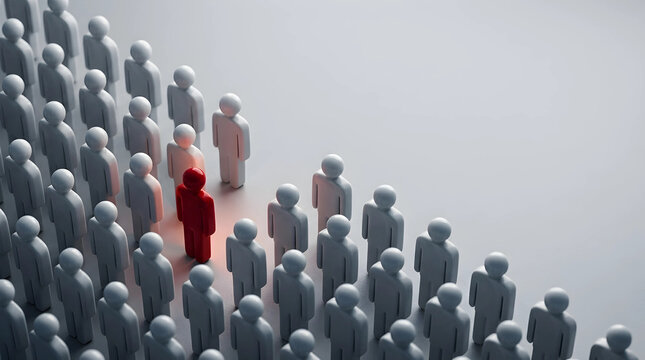 Single red figure standing out among white crowd representing effective leadership concept and unique individuality in business