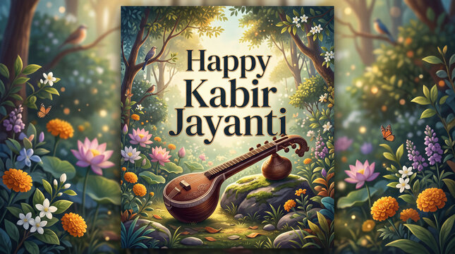 Serene forest scene with musical instrument and vibrant flowers celebrating kabir jayanti festival
