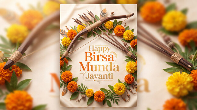 Vibrant Birsa Munda Jayanti celebration card with traditional symbols and colorful marigold flower decorations