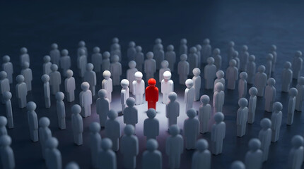 Obraz premium Red humanoid figure standing out from a white crowd under a spotlight, illustrating a unique leadership concept and professional
