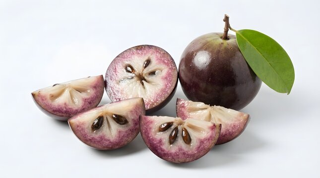 Star apple fruit with green leaf cut into slices and pieces showing juicy interior texture isolated for healthy food and diet concepts