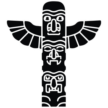 Native American totem pole black and white silhouette vector illustration for tribal icon.