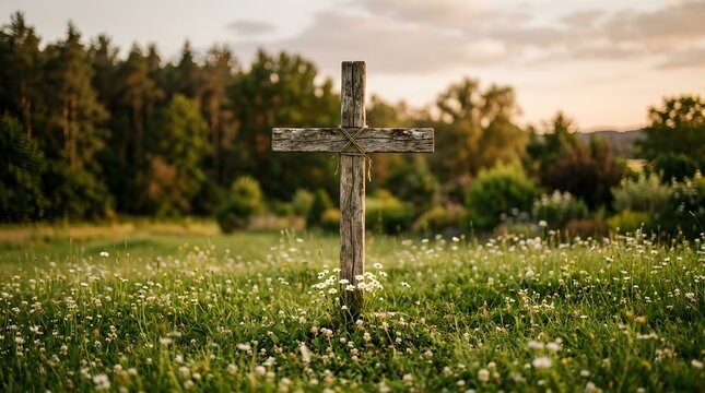 A timeworn rustic wooden cross is positioned in a vibrant field filled with colorful wildflowers and a softly blurred forest backdrop beneath