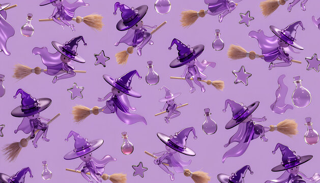 Seamless Halloween pattern featuring cute kawaii purple glass witches flying on broomsticks