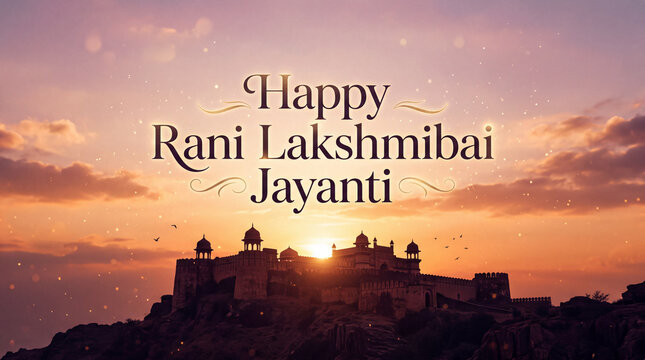 Celebrating Rani Lakshmibai Jayanti with a scenic sunset view of an historic fort silhouette