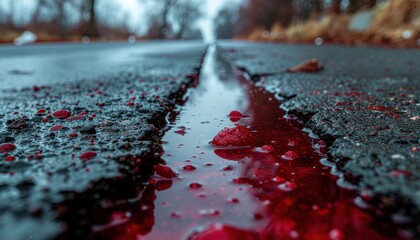 Naklejka premium Close-up of Red Liquid in a Crack on a Wet Road.
