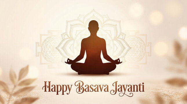 Serene meditative silhouette practicing yoga with decorative mandala and botanical elements celebrating Basava Jayanti festival
