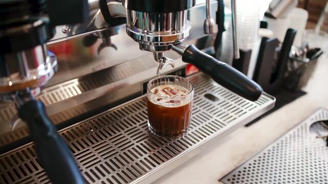 Espresso Extraction Flowing from Professional Coffee Machine Portafilter