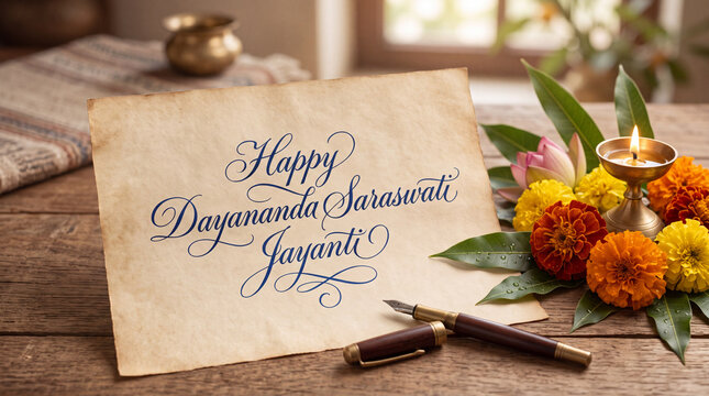 Elegant handmade greeting card wishing Happy Dayananda Saraswati Jayanti with festive flowers and traditional diya for celebration