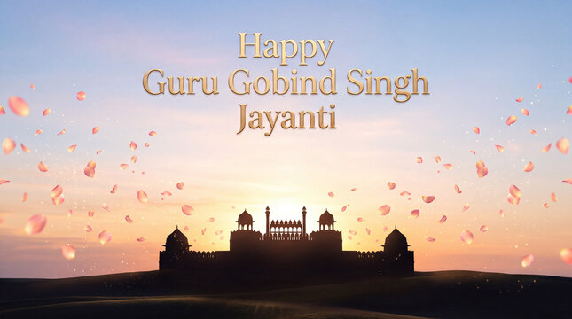 Serene sunset at historic monument film with floating petals celebrating Guru Gobind Singh Jayanti festival