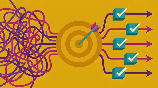 Conceptual flat vector illustration of organizing chaos into clear business goals and actionable plans