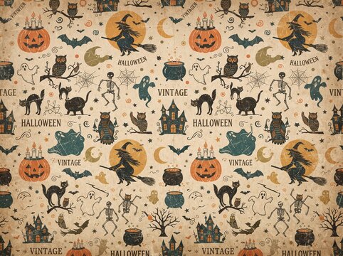 Vintage Halloween pattern featuring spooky silhouettes of witch pumpkin ghost skeleton owl and house