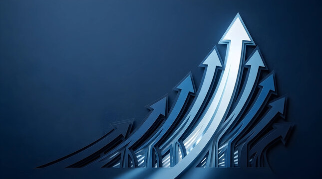 Blue arrows ascending in unison representing strategic corporate teamwork and visionary leadership driving exponential business growth.