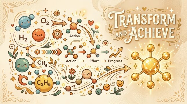 Cute Cartoon Molecules Illustrating Chemical Reactions and Progress Towards Transformation and Achievement