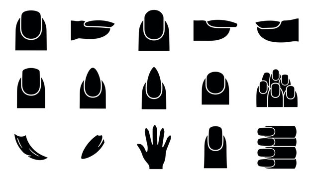 Set of black silhouette manicure nail shapes and lengths isolated vector icons
