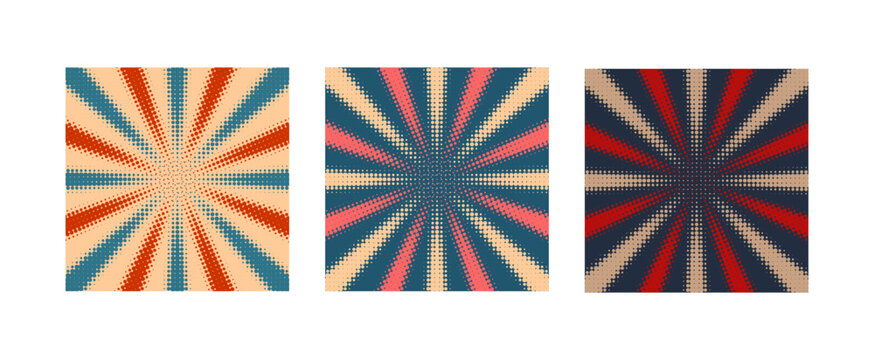 Sun Ray Halftone Retro Vintage Background Vector Illustration Set