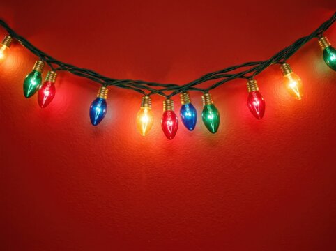 Colorful christmas string lights glowing against a solid red background