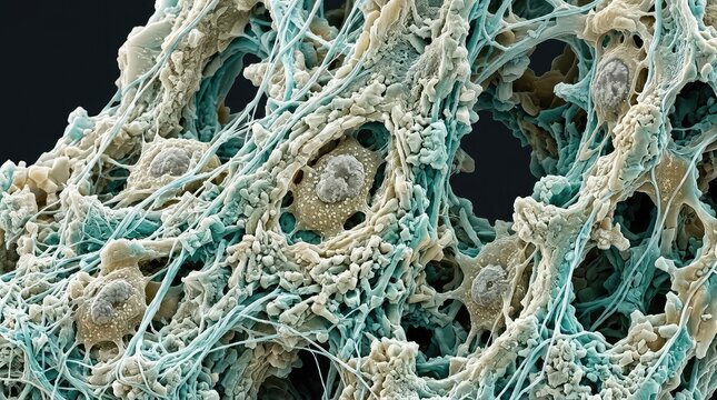 microscopic visualization of bone regeneration, mineralized tissue structures developing around active bone-forming cells, intricate calcium-like crystalline architecture intertwined with collagen fib
