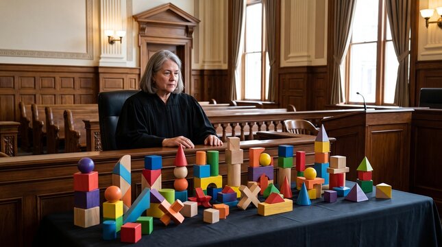 Judicial figure overseeing colorful wooden building blocks display