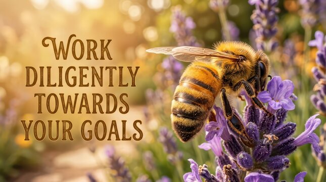 Close-up of a honey bee collecting nectar on a vibrant lavender field with inspirational quote "Work Diligently Towards Your Goals"