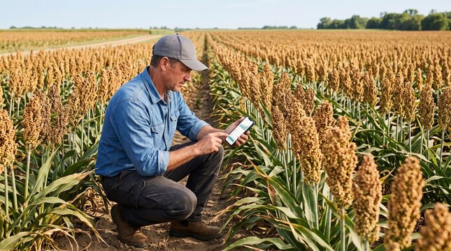 Farmer using smartphone in fields of sorghum crop on sunny day