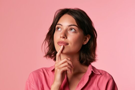 Contemplative portrait of a woman in a pink top isolated on pink background